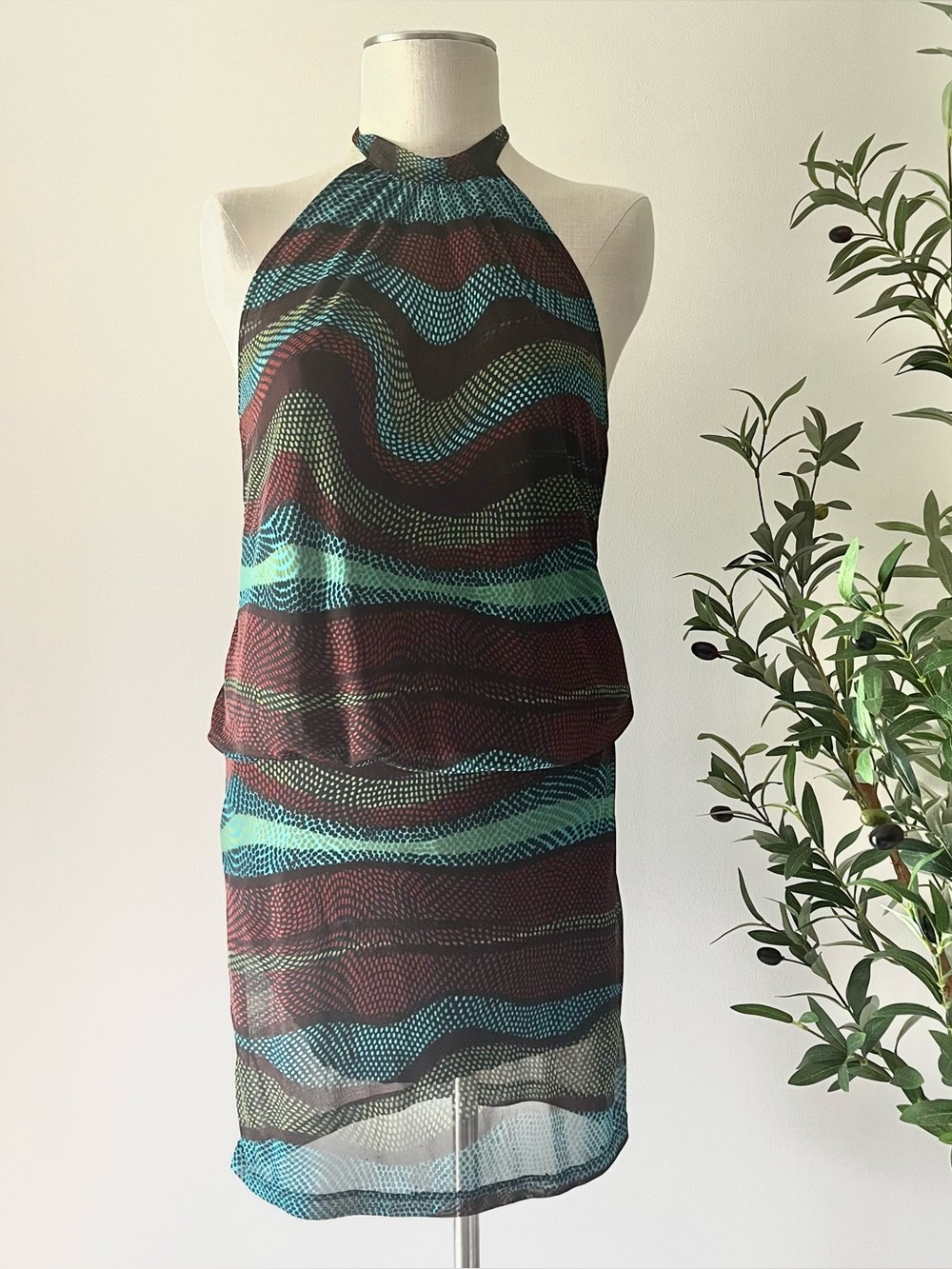 Vintage Halter Neck Retro Women's mini dress in Teal and Maroon